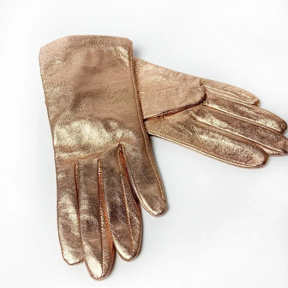 Metallic Rose Gold Leather Silk Lined Women's Gloves NWT